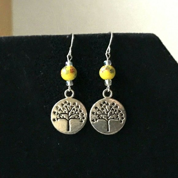 Celtic Tree of Life Murano Bead Earrings Yellow Red Silver Plated Vintage Beads - Picture 6 of 8